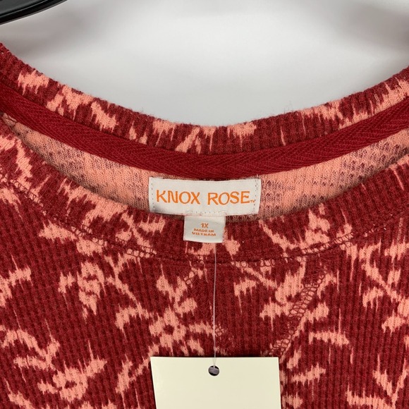 Knox Rose Top Womens Plus Size 1X Red Floral Long Sleeve Thermal Waffle Knit NWT - Picture 3 of 8
